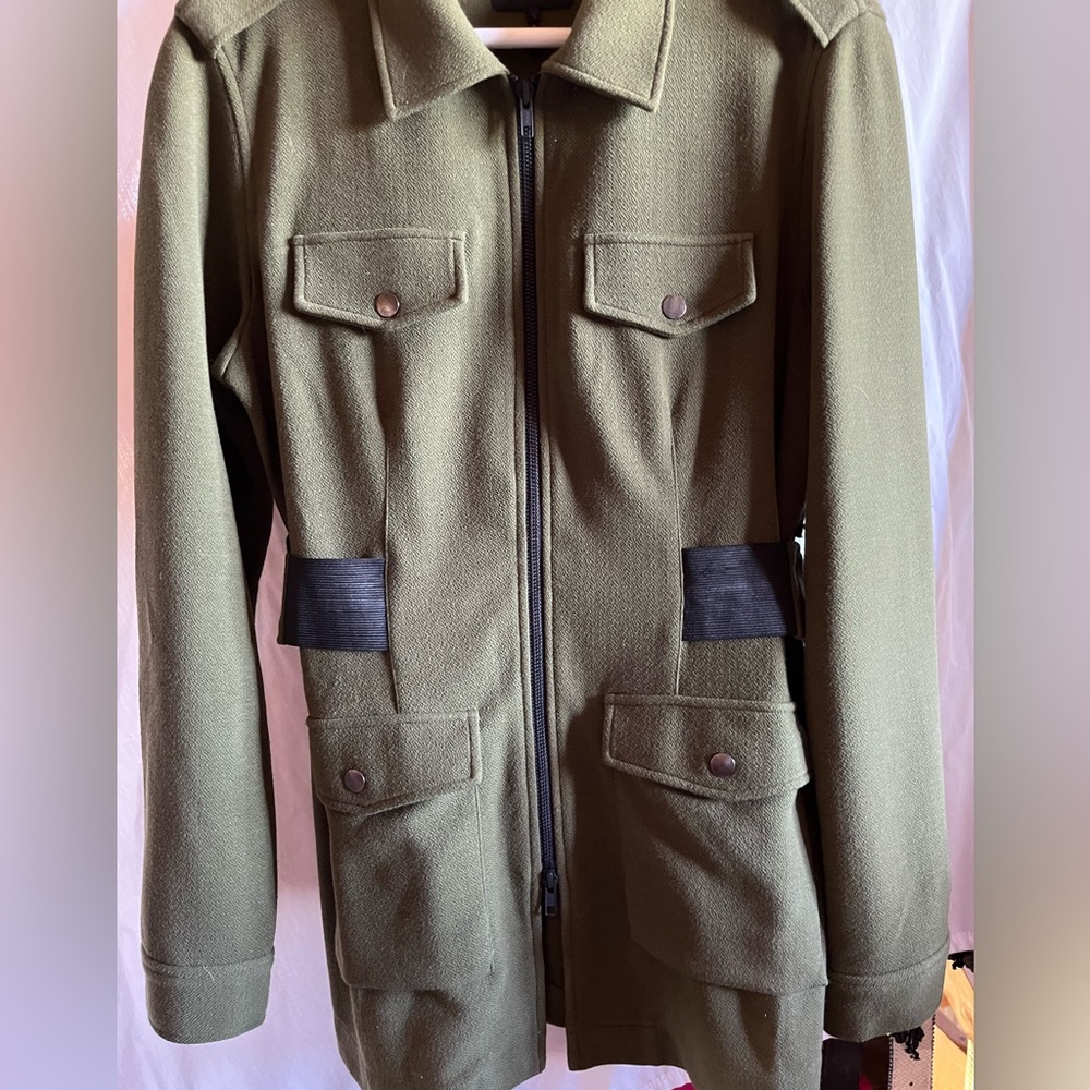 Designer brand. Bobi BLACK LA Army green Zipper front blazer w/ black accents.